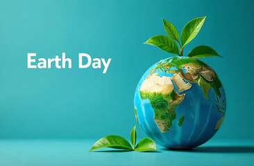 The inscription "EARTH DAY" next to the globe, from which green leaves grow, symbolizing concern for the environment on a blue background
