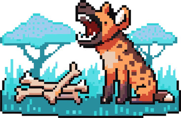 Obraz premium pixel art hyena roaring in savanna, vibrant digital illustration with trees and grass