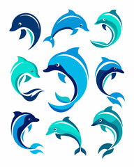 Naklejka premium Stylized Dolphin Icons with Minimalist Ocean Waves – Blue and Teal Vector Designs for Nautical Branding.