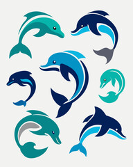 Obraz premium Stylized Dolphin Icons with Minimalist Ocean Waves – Blue and Teal Vector Designs for Nautical Branding.