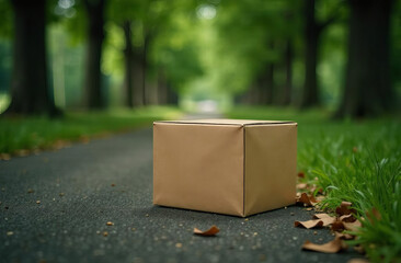 Cardboard box on the street among trees and grass