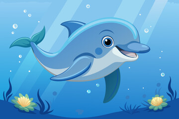 Naklejka premium Smiling Bottlenose Dolphin Underwater – High-Definition Close-Up in Crystal Blue Ocean.