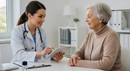 Fototapeta premium A caring female doctor sitting across from an elderly patient at a modern clinic, gently explaining results with a tablet in hand. The scene is warm, with soft natural lighting and a calm, trusting en