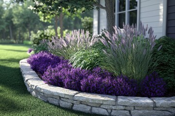 A vibrant garden bed featuring purple flowers and ornamental grasses near a house with a stone border