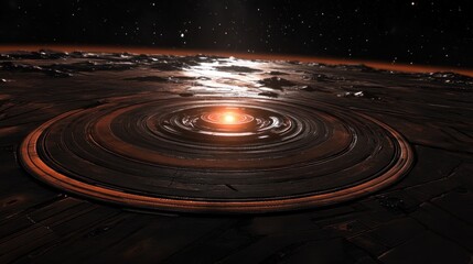 Obraz premium A futuristic landscape scene featuring concentric circular platform detail