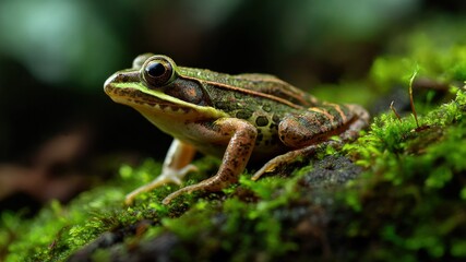 Fototapeta premium Close-up of a frog on moss, showcasing its natural habitat and unique features.