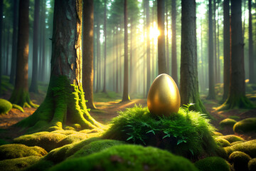 Golden egg on mossy mound in sunlit forest symbolizing natures treasure and Easter perfect for spring themes