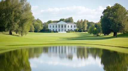 Fototapeta premium Grand Mansion Lush Greenery Classic Elegant Style High-Definition Bright Lighting Landscape Wide Shot Serene Reflection Peaceful Estate Bright Sunny Mood Luxury Real Estate Marketing