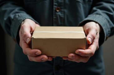 In the courier's hands is a small package, a box in close-up