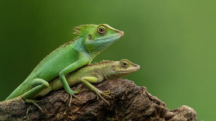 Fototapeta premium Two green lizards resting on a branch, vibrant, focused, and naturalistic.