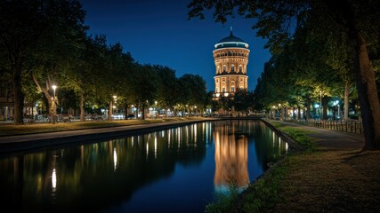 Illuminated water tower in Mannheim, Germany reflected in canal at night.