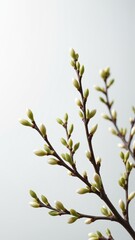 Delicate branch with budding leaves against a soft white background, symbolizing spring and natural beauty, minimalistic nature photography for design projects