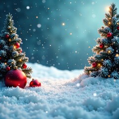 Winter snowfall on a festive holiday scene with Christmas trees and decorations, winter wonderland, frosty
