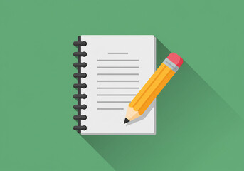 Yellow Pencil and Spiral Notebook on Green Background
