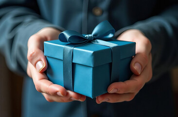 In the courier's hands is a gift box, a close-up blue box
