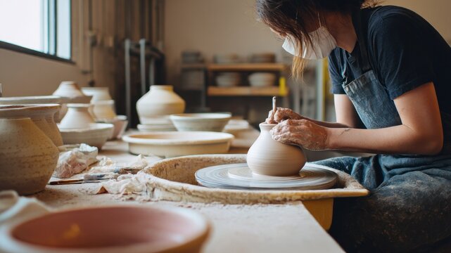 Person shaping clay on pottery wheel in workshop, wearing mask and apron. - Powered by Adobe