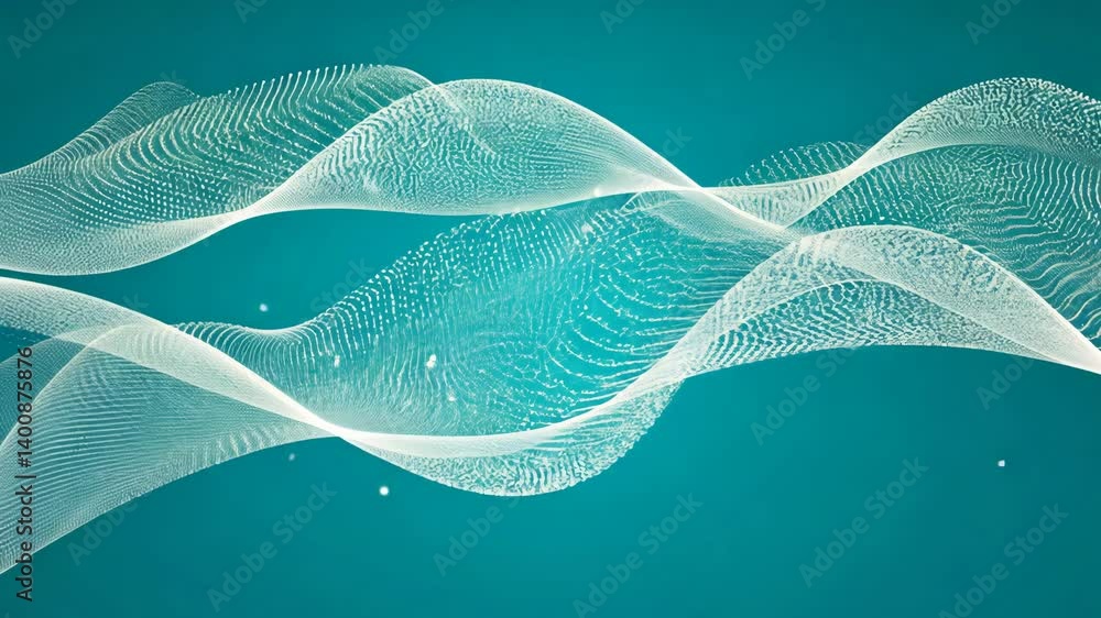 Poster dynamic flowing curves of white light against a teal background create a futuristic abstract design,