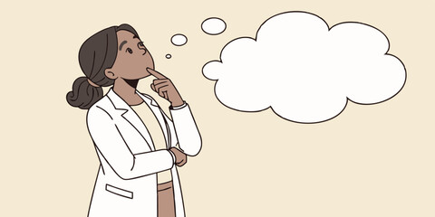 Dreamy interested young adult indian businesswoman in white formal suit wear thinking and pointing finger away at copy space. Girl smiling and standing isolated on background dreaming choosing
