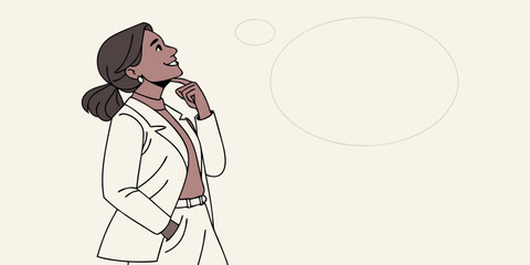 Fototapeta premium Dreamy interested young adult indian businesswoman in white formal suit wear thinking and pointing finger away at copy space. Girl smiling and standing isolated on background dreaming choosing