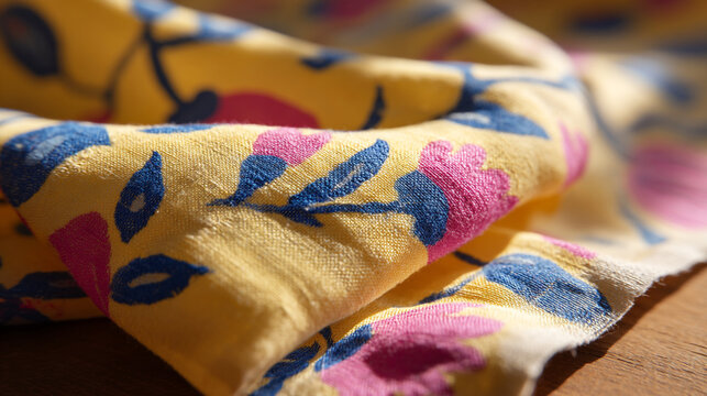 Buy yellow floral fabric online: pink and blue flower print cotton material for sewing and crafting projects