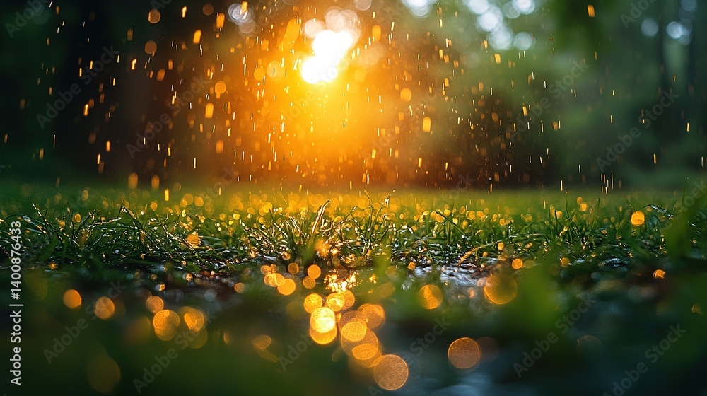 Poster golden hour rain shimmering over dewy grass creating sparkling bokeh