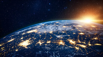 Obraz premium Earth At Sunrise From Space With City Lights