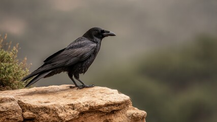 Naklejka premium Raven perched on a rock with a blurred landscape background. Nature, wildlife.