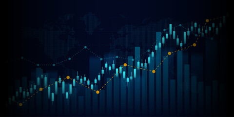 Abstract financial graph with uptrend bar chart of stock market and world map on blue color background