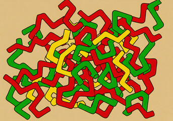 Abstract Art with Red Green Yellow Intertwined Lines on Beige Textured Background