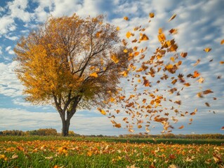 A fall wind blowing leaves in a flurry of warm colors,