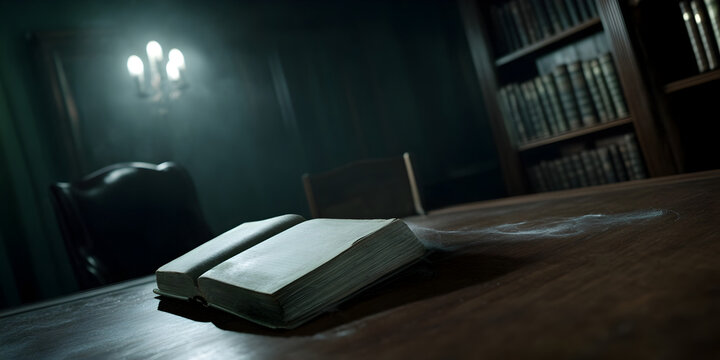 A dimly lit Victorian study with cobwebs in the corners and an old, open book resting on the desk.

 - Powered by Adobe