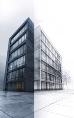 Fototapeta premium Architectural visualization showing building transformation from sketch to realistic 3D rendering
