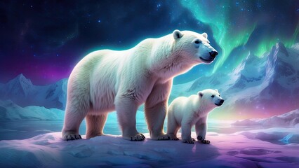 Fototapeta premium A mother polar bear stands protectively behind her cub