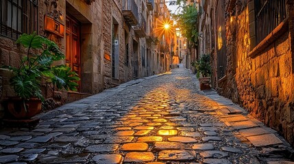 Fototapeta premium Cobblestone Street in a European Town Bathed in Golden Sunlight Hitting the Floor