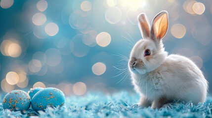 Fluffy white rabbit sitting beside glittery blue eggs on a soft surface with glowing bokeh lights in the background. White Bunny with Blue Easter Eggs on Sparkling Background