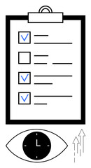 Clipboard checklist with checkmarks, clock inside an eye signifying time management, two upward arrows suggesting progress. Ideal for productivity, organization, efficiency, deadlines, focus, time