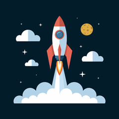 Cartoon Rocket Launching Into Space With Moon and Stars, Flat Vector