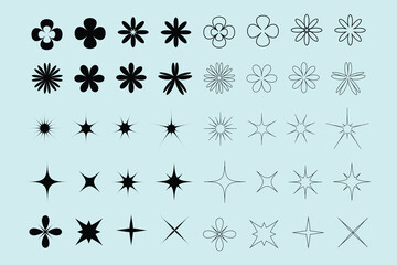 Object Effect Design set and the modern geometric simple shape, black flower and blooming flower line art flower, star and star explosion sparkle star.