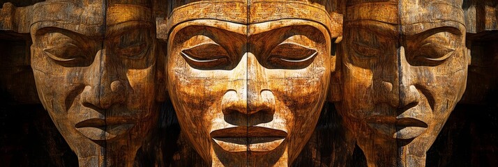 Three carved wooden faces in a row dark background.