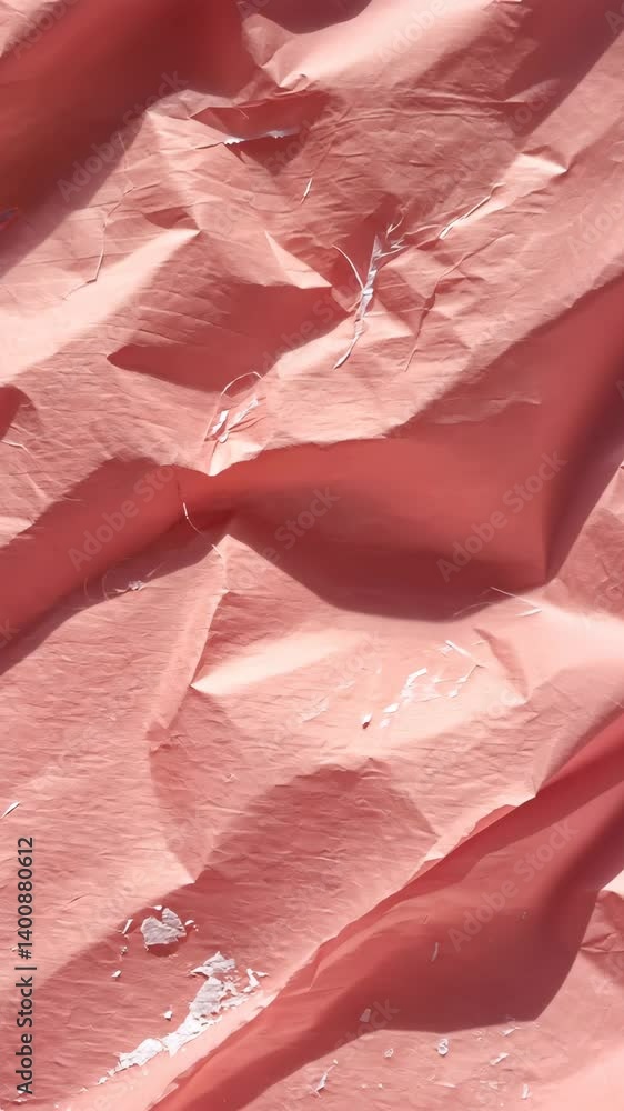 Poster abstract texture of crinkled and torn salmon colored paper with dramatic lighting creating depth and