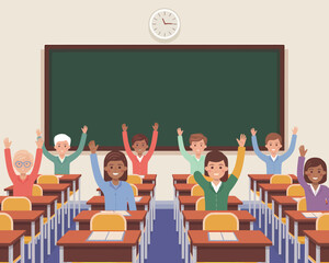 Enthusiastic students raising hands in class, flat vector illustration, diverse classroom setting.