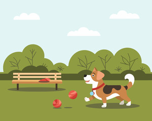 Happy dog playing fetch in the park with balls, vector illustration