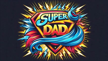 Obraz premium Super Dad Emblem with Lightning and Cape Bold Comic Illustration