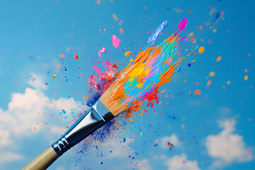 Obraz premium Artistic paintbrush with vibrant colors against a bright blue sky canvas