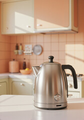 Retro stainless steel kettle in a modern kitchen setting  
