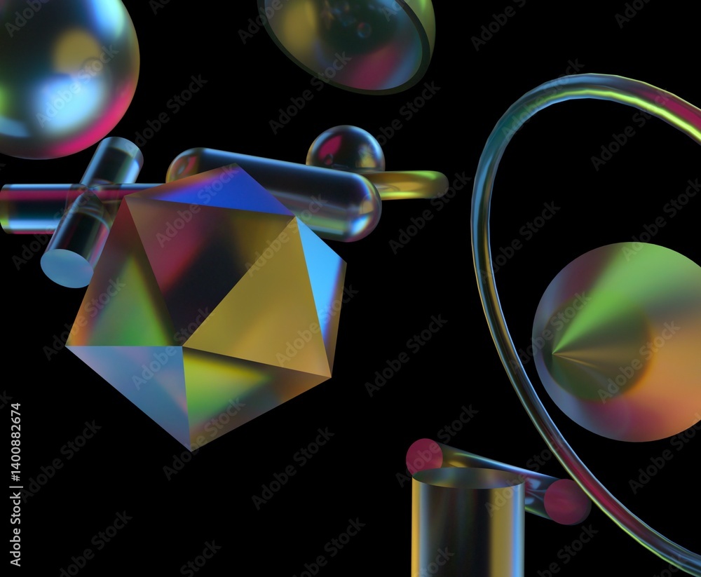 Poster 3D illustration with colorful, translucent geometric shapes like spheres, cylinders, and polyhedrons on a black background, creating a futuristic and glossy visual effect.