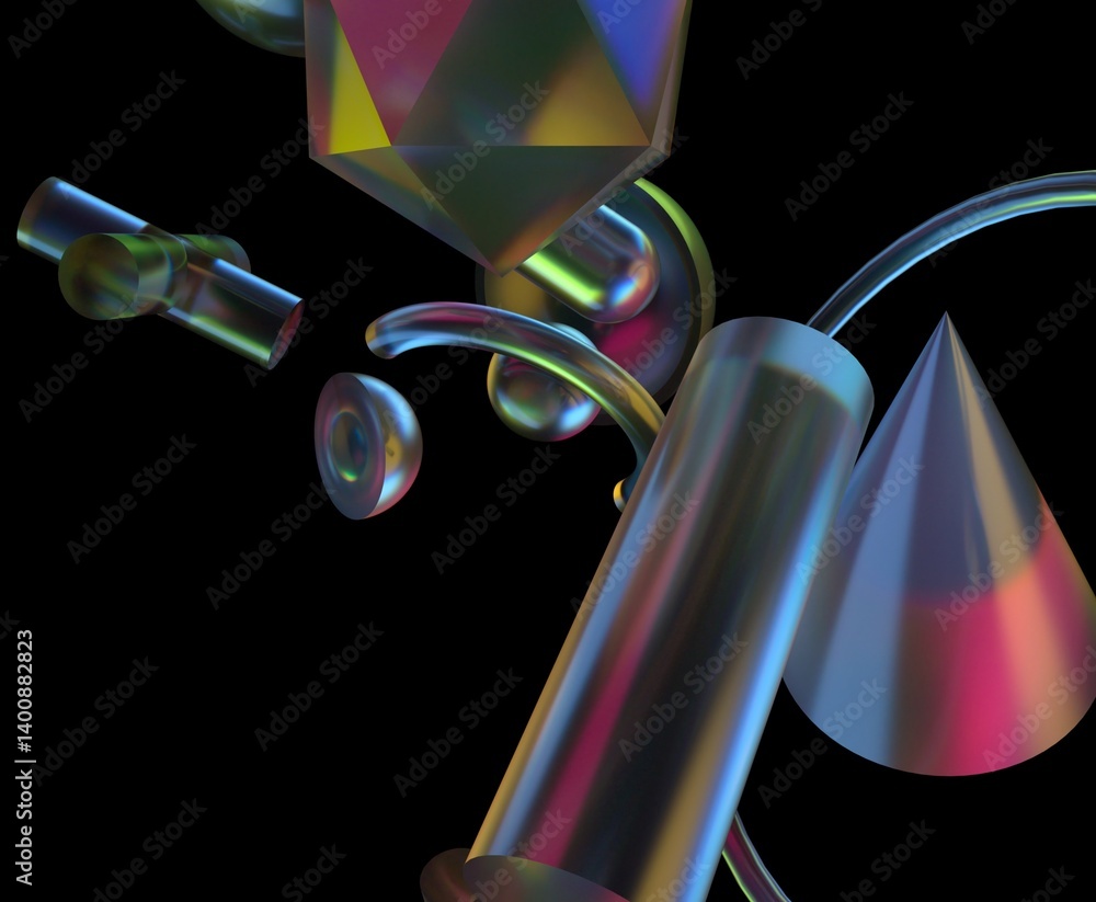 Poster 3D illustration with colorful, translucent geometric shapes like spheres, cylinders, and polyhedrons on a black background, creating a futuristic and glossy visual effect.