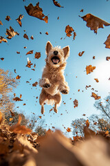 A joyful dog jumps playfully among falling leaves in a vibrant autumn setting.