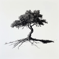 An ink drawing of a solitary tree