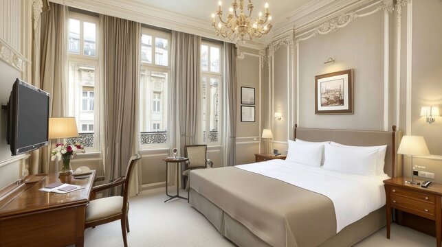 A beautifully furnished bedroom interior with elegant and classic characteristics